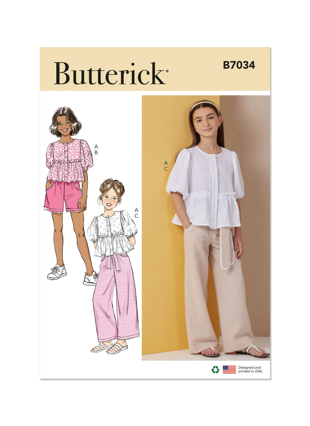 Butterick Girls' Top, Shorts, Trousers and Sash B7034