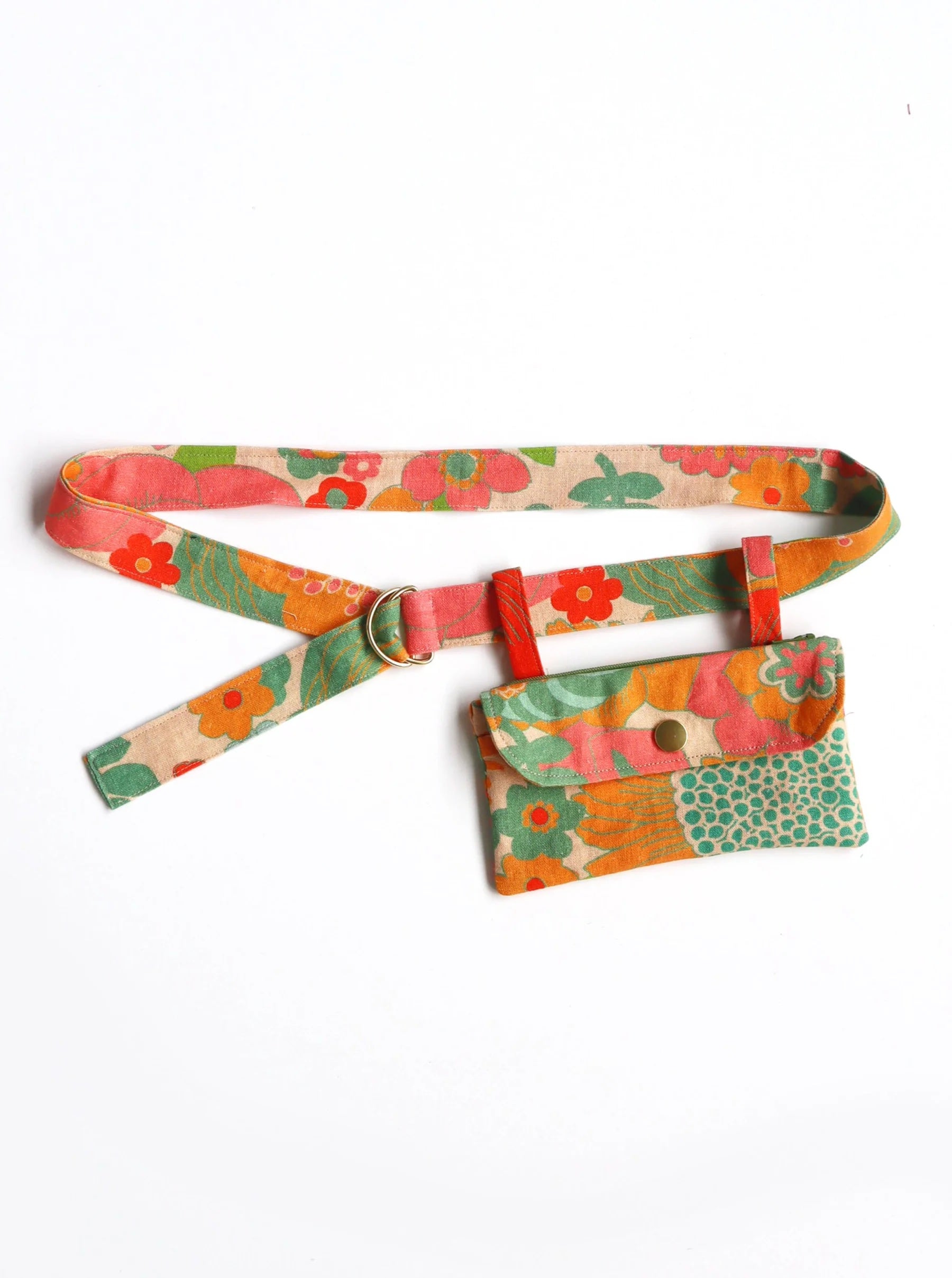 Photo showing the Bernie Belt Bag sewing pattern from Friday Pattern Company on The Fold Line. A belt bag pattern made in medium weight woven fabrics, featuring a belt closed with D-rings, the bag features a zipper pocket, front pouch, and flap.