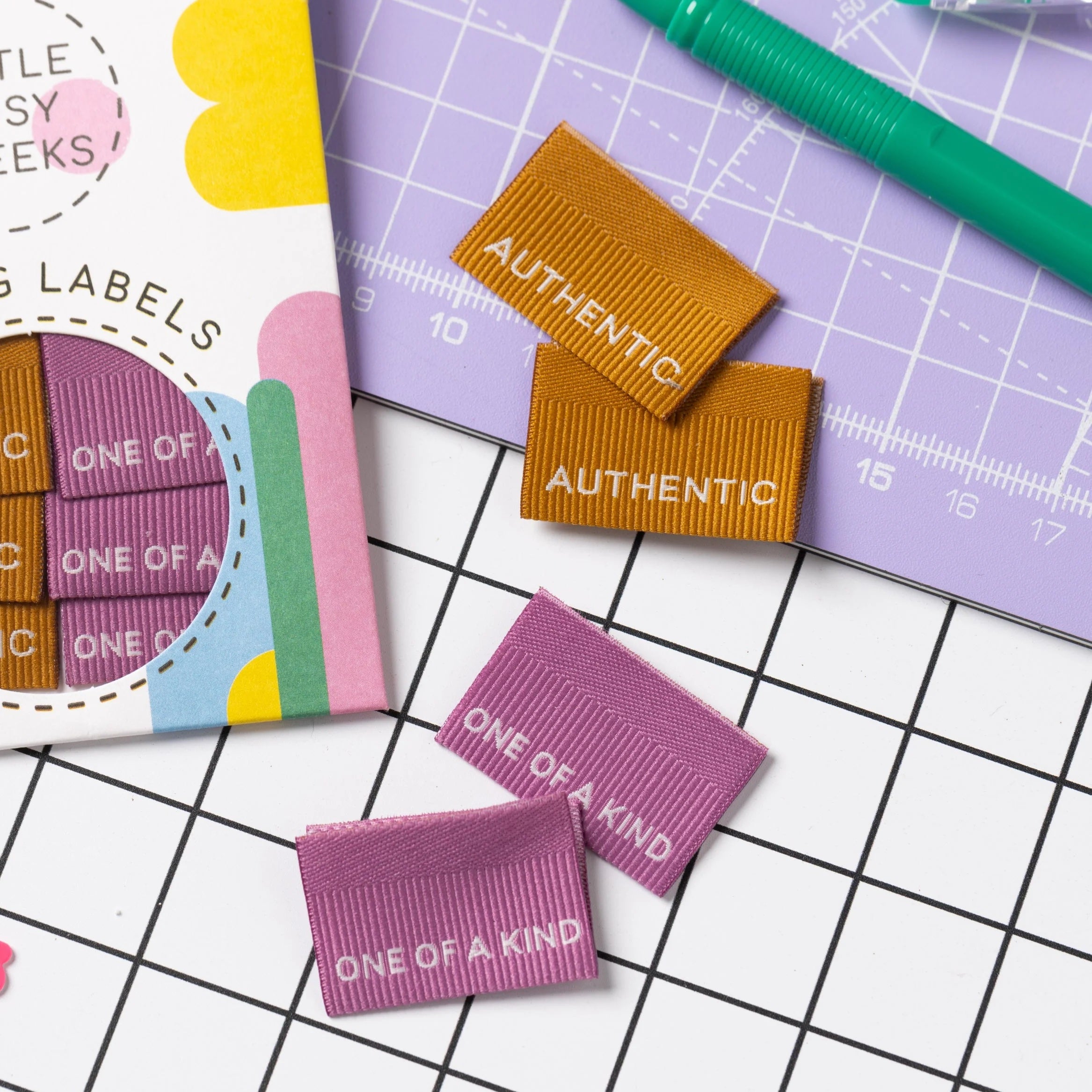 The 'Authentic / One of a Kind' woven labels from Little Rosy Cheeks on The Fold Line. The pack includes 6 labels featuring a ribbed texture, ready to be sewn into your handmade clothes.