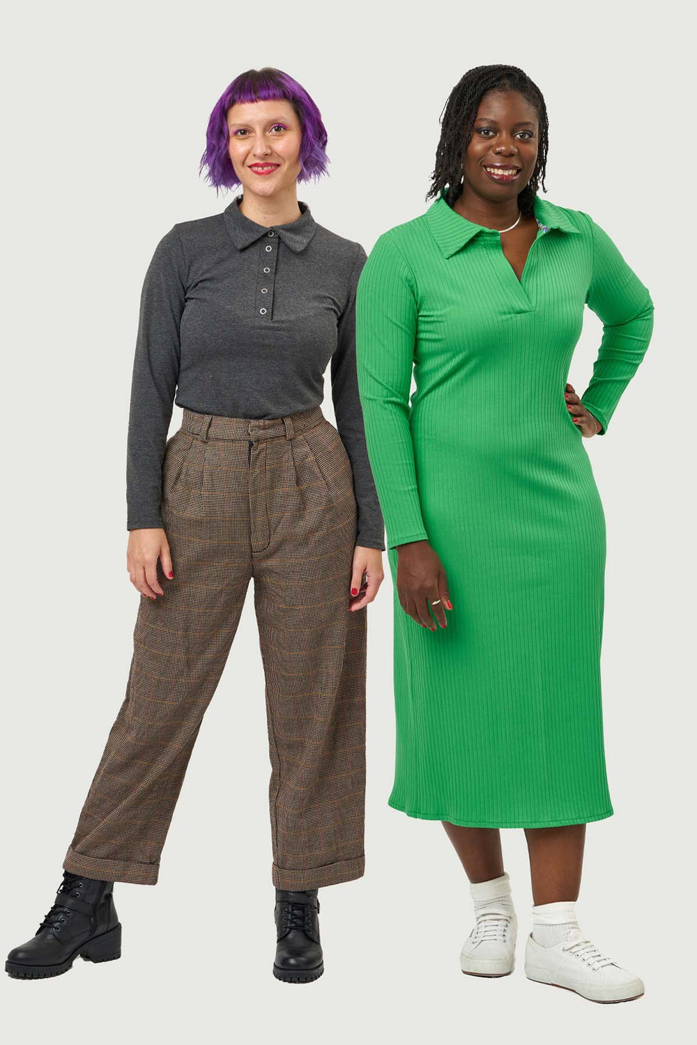 Women wearing the Carly Dress and Top sewing pattern from Sew Over It on The Fold Line. A dress and top pattern made in cotton jersey or rib jersey knit fabric, featuring a classic polo collar, long sleeves, and a midi length for the dress.