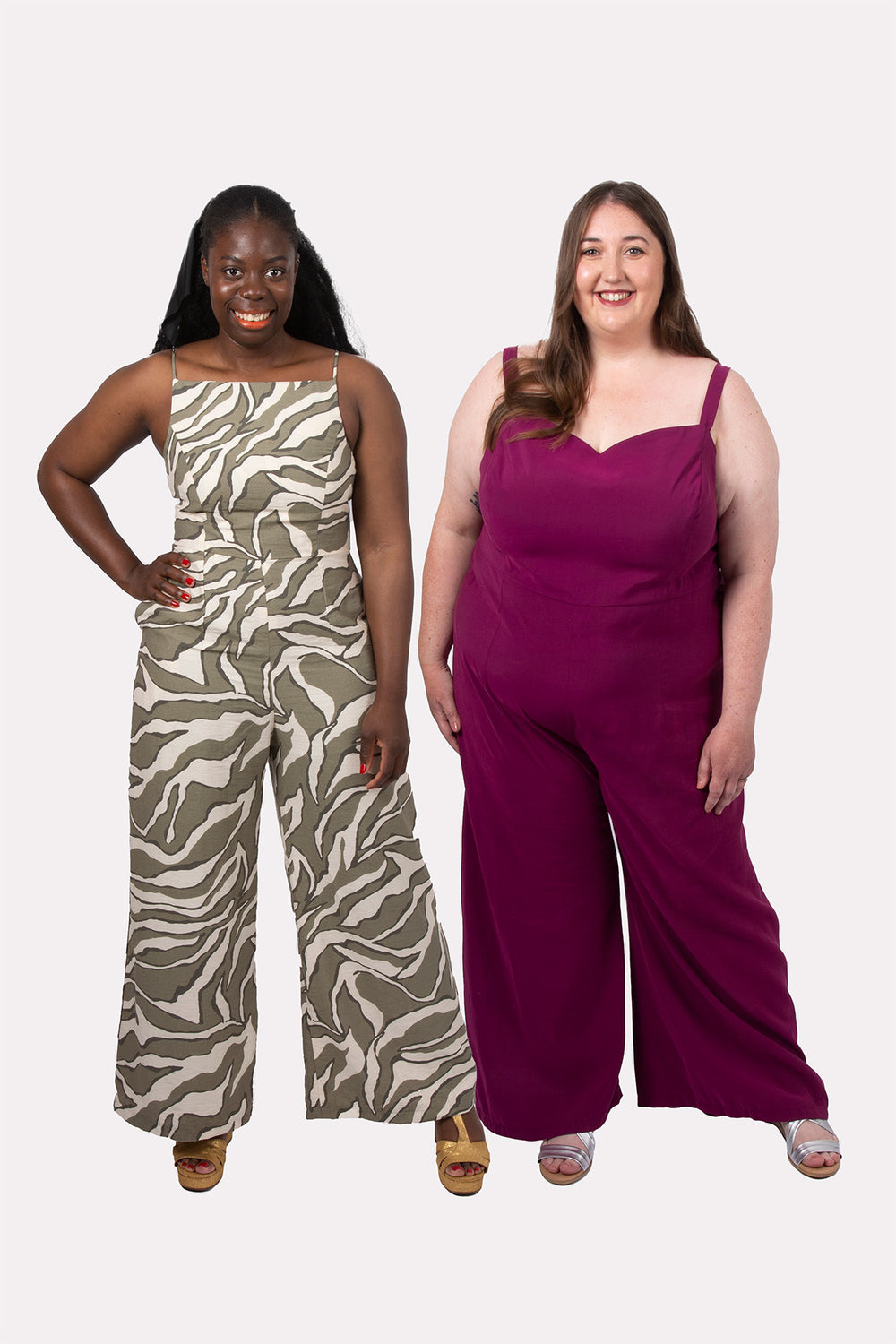 Women wearing the Courtney Jumpsuit sewing pattern from Sew Over It on The Fold Line. A jumpsuit pattern made in linen, cotton, viscose, or crepe fabric, featuring a strappy bodice, princess seams, in-seam pockets, and wide legs.
