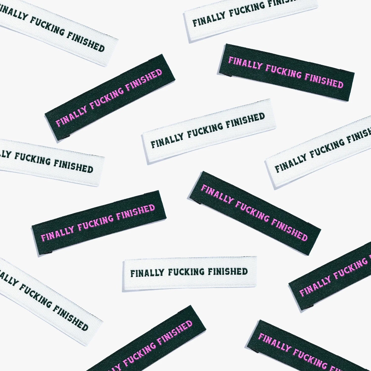 'Finally Fucking Finished' woven labels from Kylie & The Machine on The Fold Line. The pack includes 6 woven labels ready to be sewn into your handmade clothes.