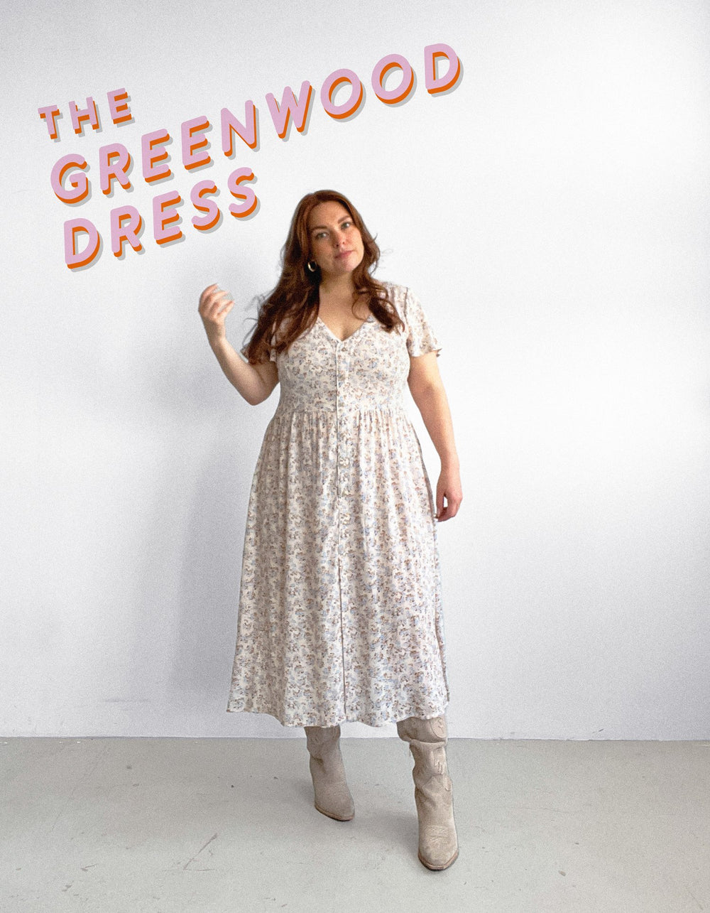 Woman wearing the Greenwood Dress sewing pattern from Les Perlines on The Fold Line. A dress pattern made in rayon, viscose, cotton, linen, or tencel twill fabric, featuring a V-neck, button front, short flutter sleeves, gathered skirt, and midi length.