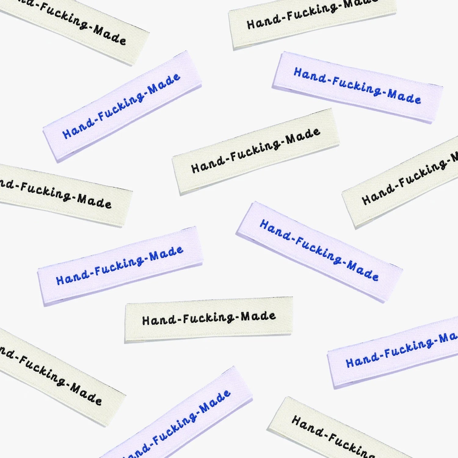 'Hand-Fucking-Made' woven labels from Kylie & The Machine on The Fold Line. The pack includes 6 woven labels ready to be sewn into your handmade clothes.