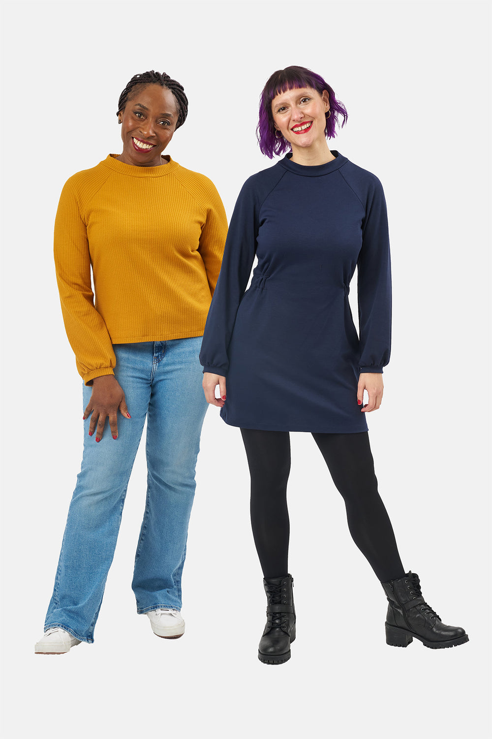 Women wearing the Holly Dress and Jumper sewing pattern from Sew Over It on The Fold Line. A dress or sweatshirt pattern made in ponte di roma, double knit jersey, or interlock knit fabric, featuring a funnel neckband, shoulder darts, long raglan sleeves with narrow cuffs, and an elasticised waist and mini length for the dress.