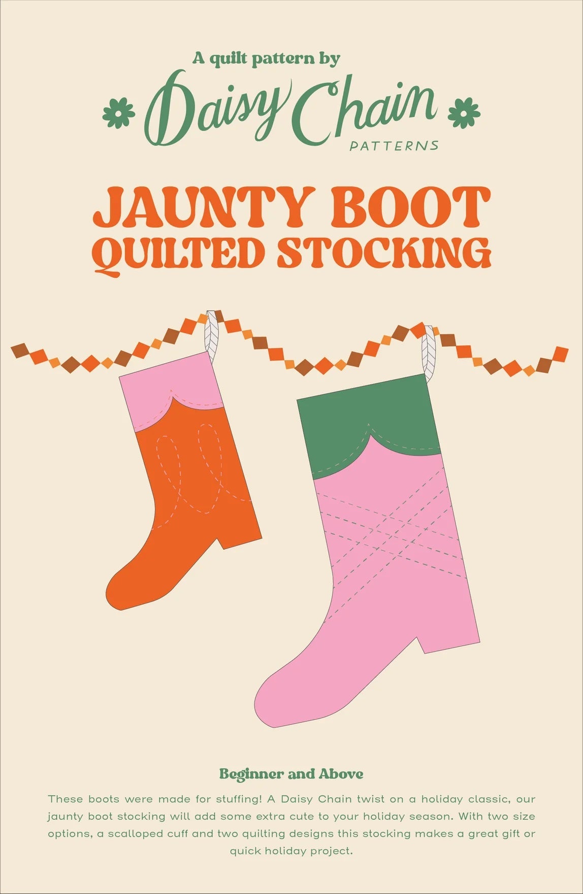 The Jaunty Boot Quilted Stocking sewing pattern from Daisy Chain Patterns on The Fold Line. A Christmas stocking pattern made in quilting cotton, linen, velveteen, sateen, lightweight twill or canvas fabric, featuring two size options, two quilting designs, a boot shape and a scalloped cuff.