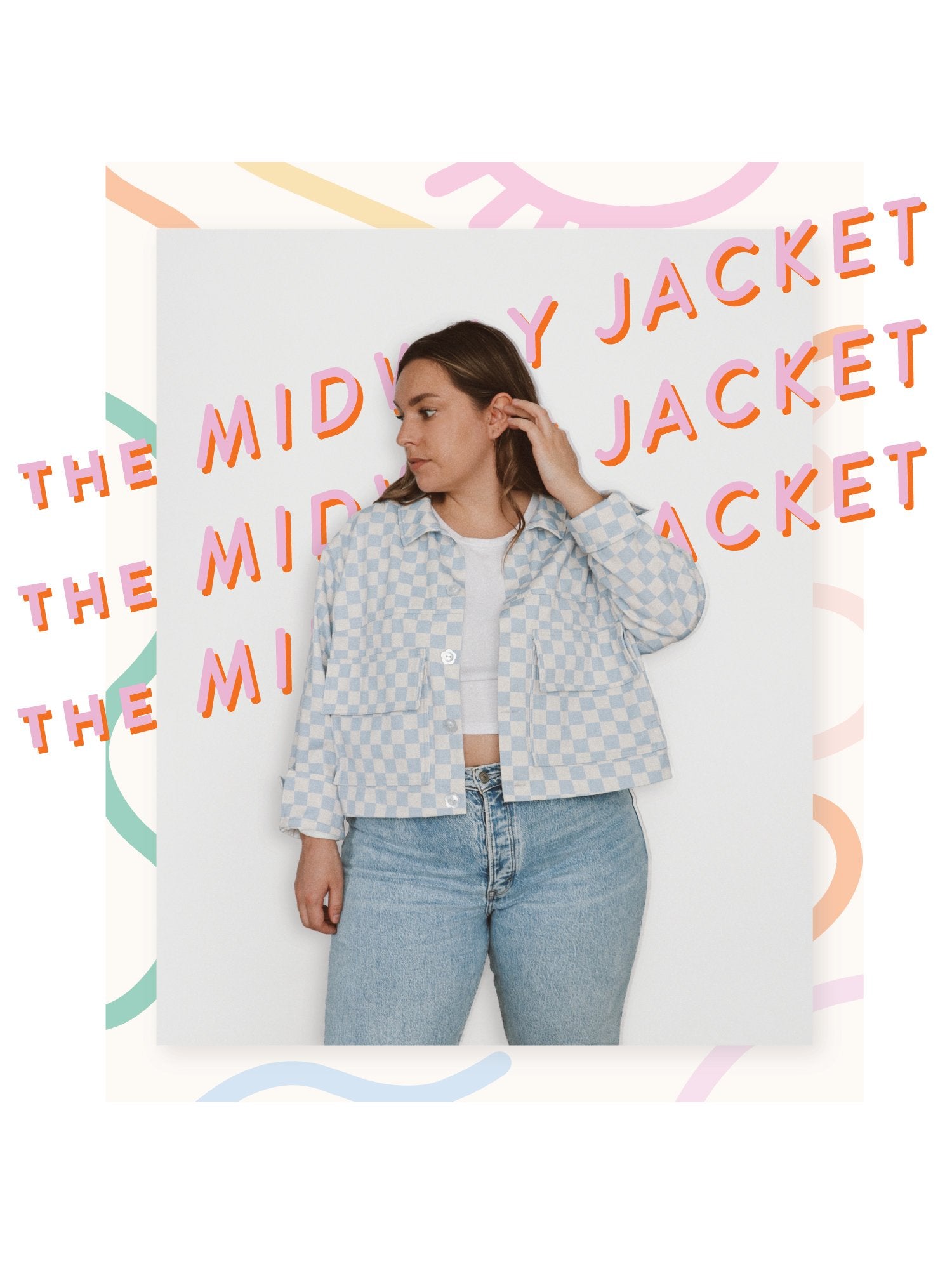 Woman wearing the Midway Jacket sewing pattern from Les Perlines on The Fold Line. A jacket pattern made in denim, canvas, twill, flannel, corduroy, cotton, or linen fabric, featuring a boxy fit, dropped shoulder, button front, tulip cuffs, double pockets, and cropped length.