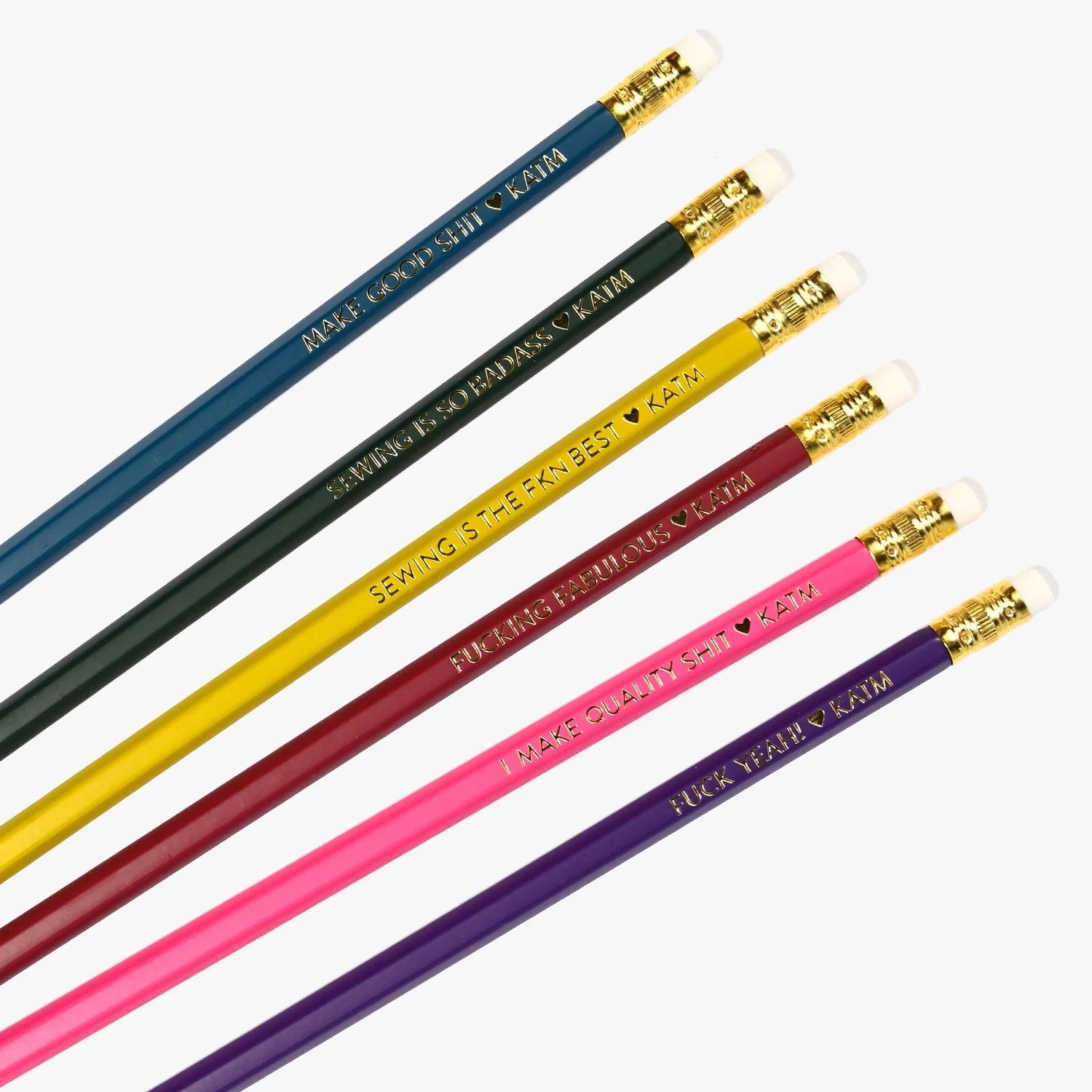 Sweary Sewist Pencils from Kylie & The Machine on The Fold Line. The pack includes 6 HB pencils with a hexagonal barrel and end eraser.