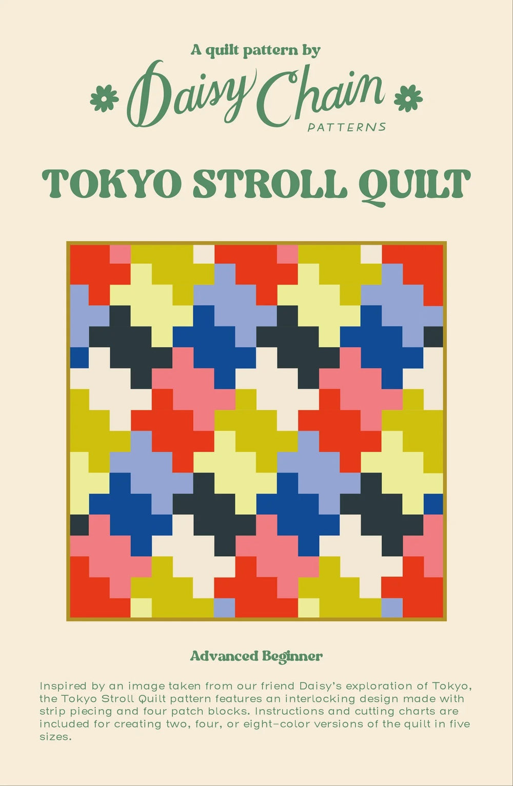 The Tokyo Stroll Quilt sewing pattern from Daisy Chain Patterns on The Fold Line. A quilt pattern made in quilting cotton fabric, featuring an interlocking design made with strip piecing and four patch blocks.