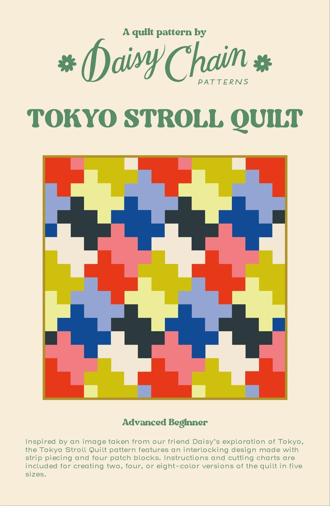 The Tokyo Stroll Quilt sewing pattern from Daisy Chain Patterns on The Fold Line. A quilt pattern made in quilting cotton fabric, featuring an interlocking design made with strip piecing and four patch blocks.