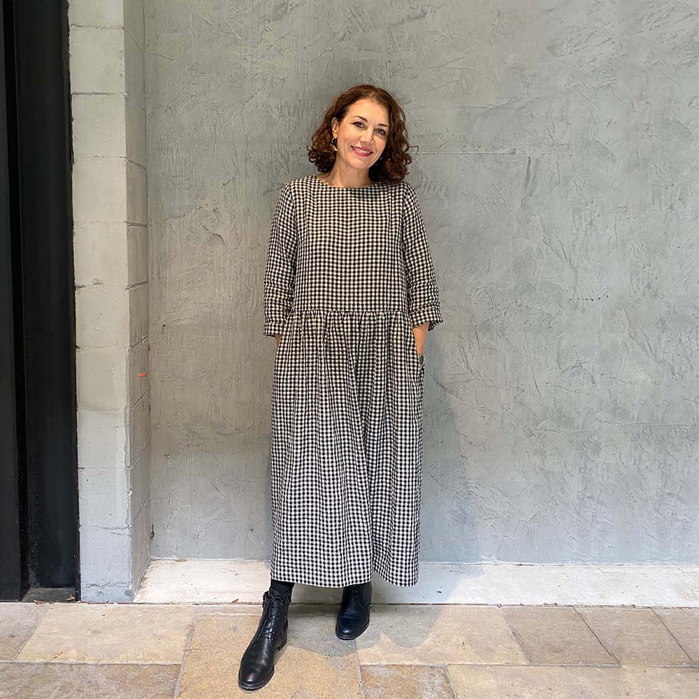 Women wearing the Felicia Dress sewing pattern from Tessuti Fabrics on The Fold Line. A dress pattern made in light to medium weight linen, linen blend, cotton, viscose, lightweight wool crepe or wool gauze fabrics, featuring new sleeves, bodice and neck