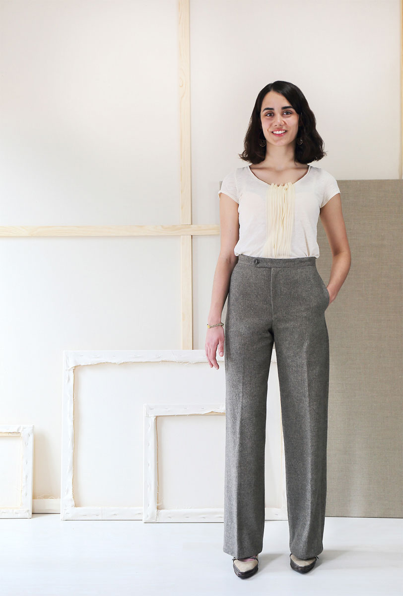Woman wearing the Hollywood Trousers sewing pattern from Liesl + Co on The Fold Line. A trouser pattern made in wool suiting, tropical wool, wool crepe, twills, fine-wale corduroy, and drapey canvas fabrics, featuring moderate high-rise, wide-leg, zipper