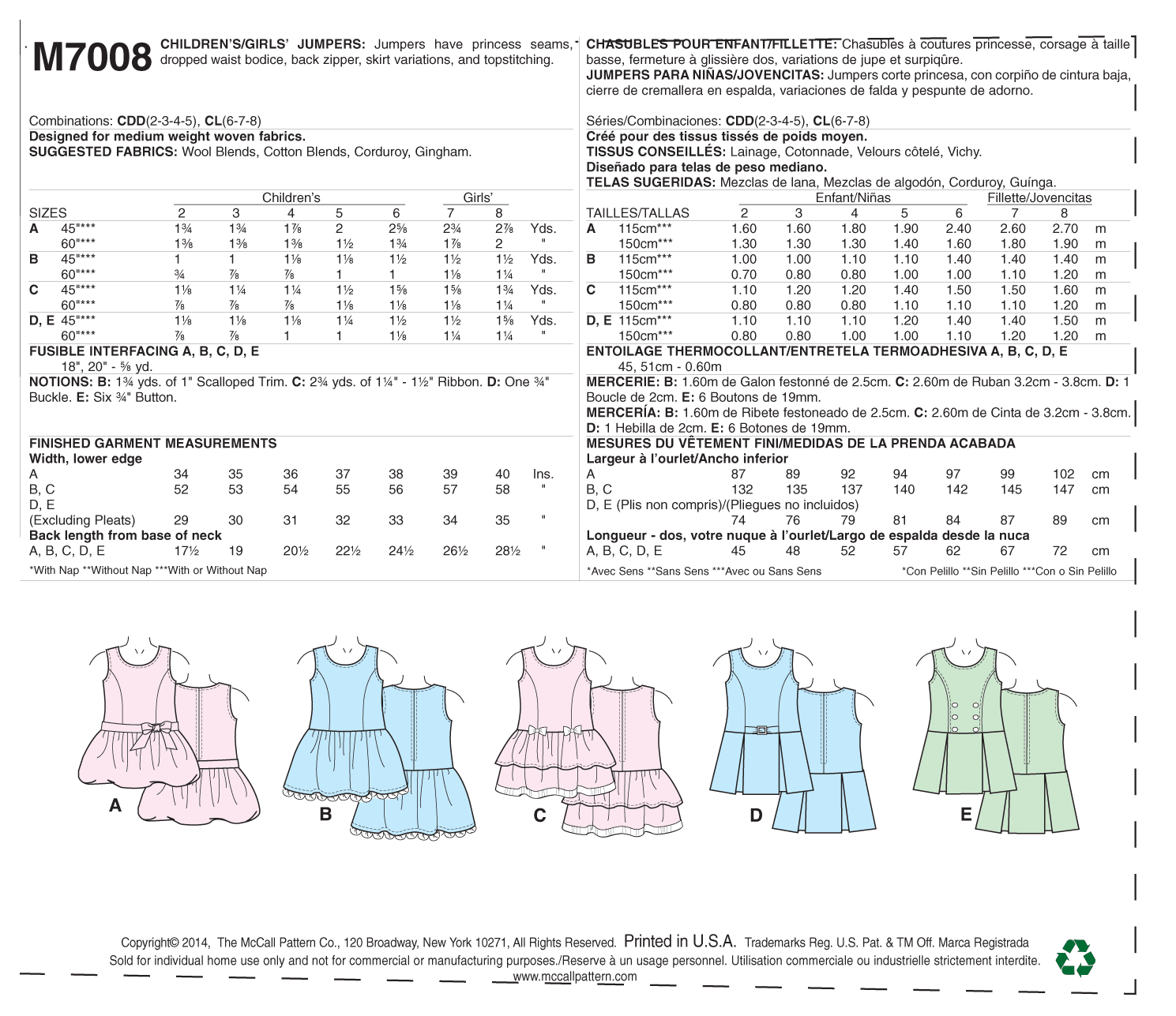 McCalls Children's Pinafore Dresses M7008