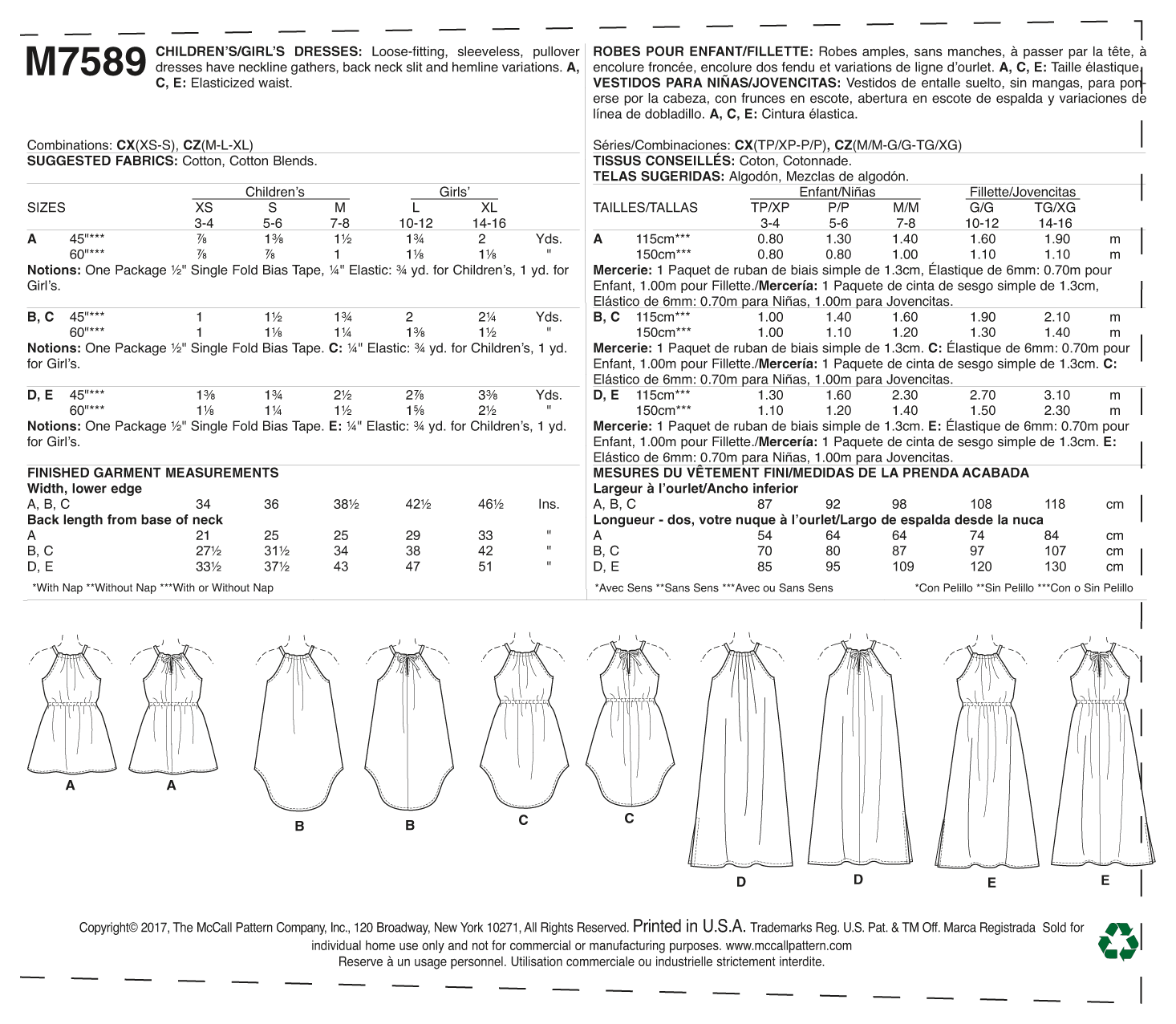 McCalls Child/Teen Dresses M7589