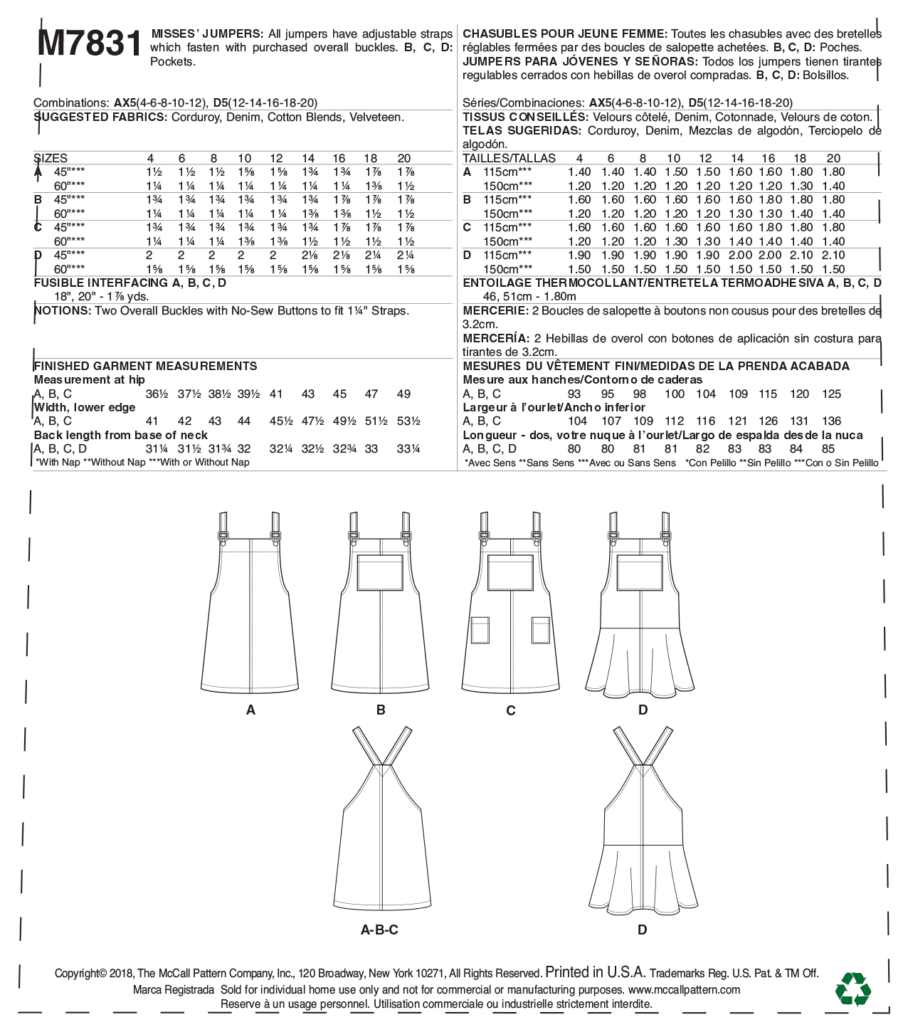 McCalls Pinafore Dresses M7831