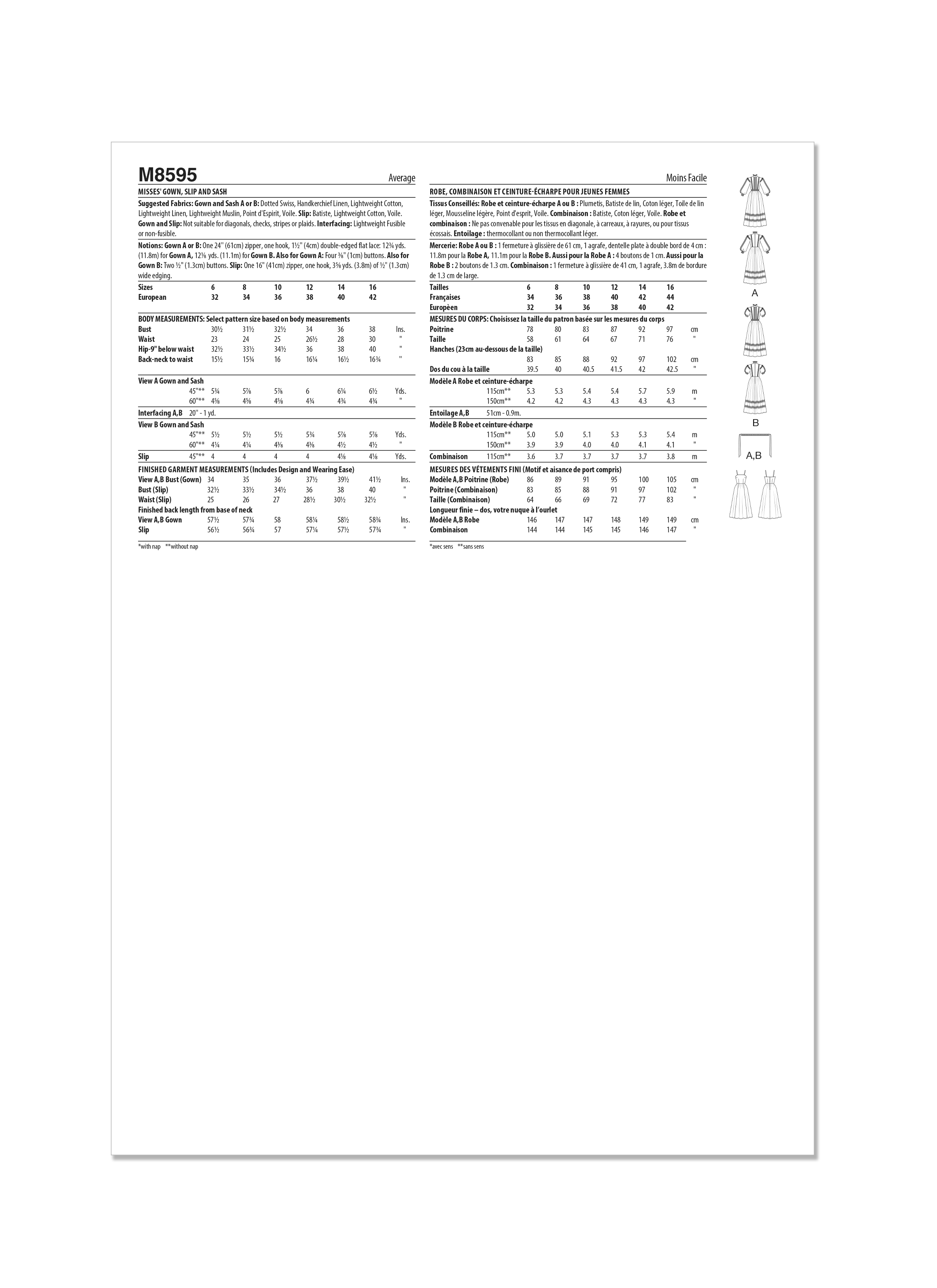 McCall's Gown, Slip and Sash M8595