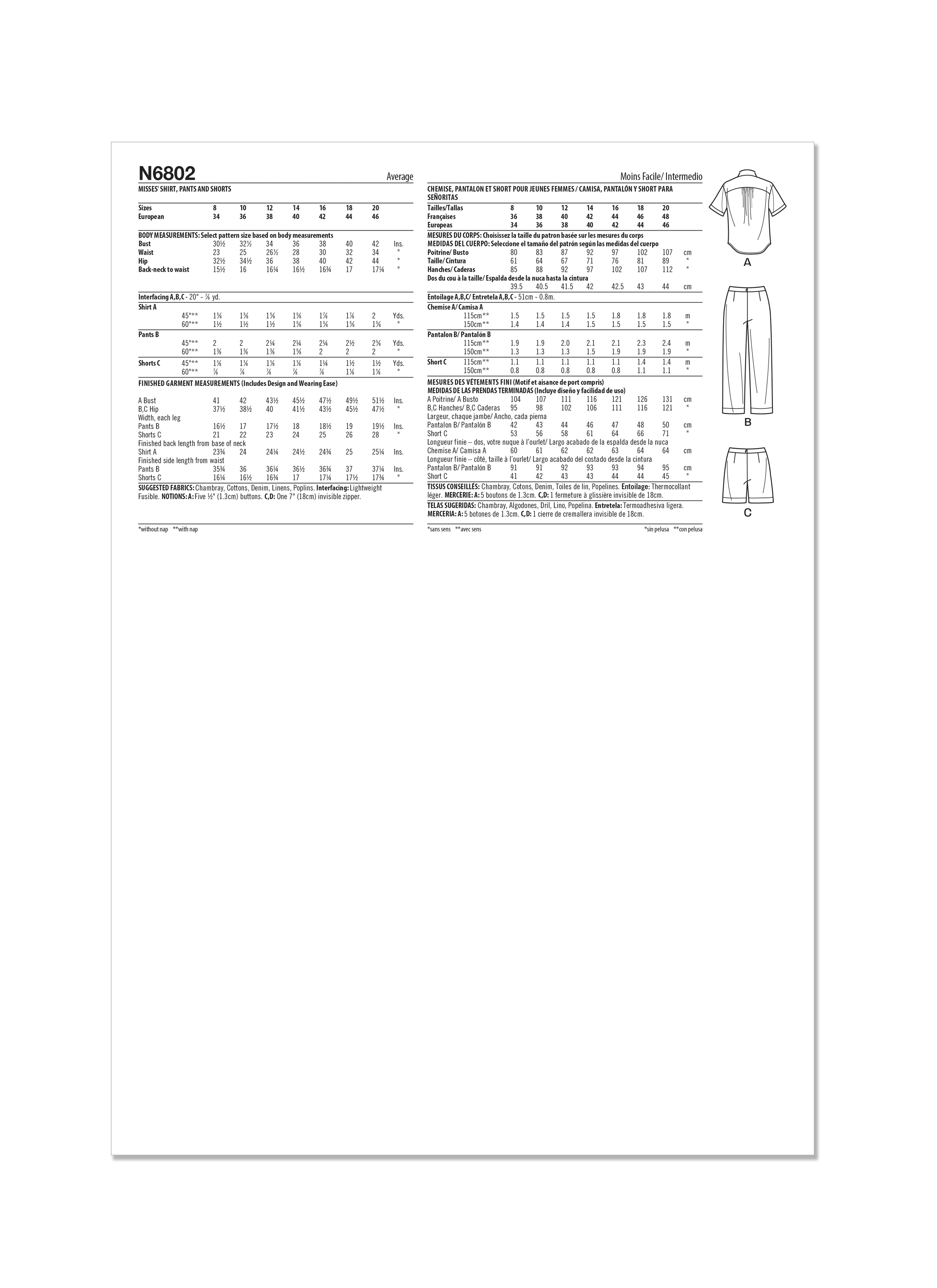 New Look Shirt, Trousers and Shorts N6802