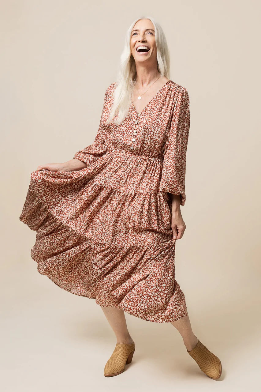 Woman wearing the Nicks Dress sewing pattern from Closet Core Patterns on The Fold Line. A Dress pattern made in rayon challis, viscose, silk crepe, chiffon, charmeuse, georgette, cotton shirting, chambray or linen fabrics, featuring a loose-fit, V-neck,