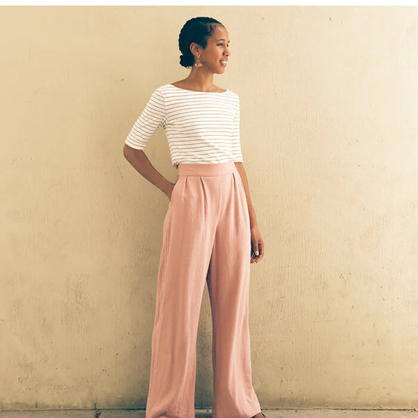 Woman wearing the Rose Pants sewing pattern from Made by Rae on The Fold Line. A trouser pattern made in tencel twill, rayon, linen-rayon blends, silk noil, loose-weave cotton or linen blends, stretch twill, cotton sateen or chambray fabrics, featuring a