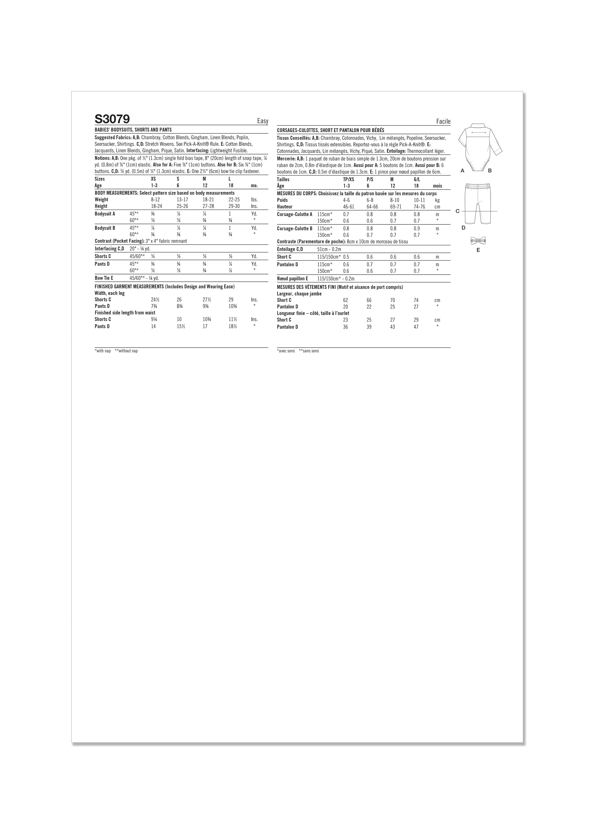 Simplicity Babies' Bodysuits, Shorts and Trousers S3079