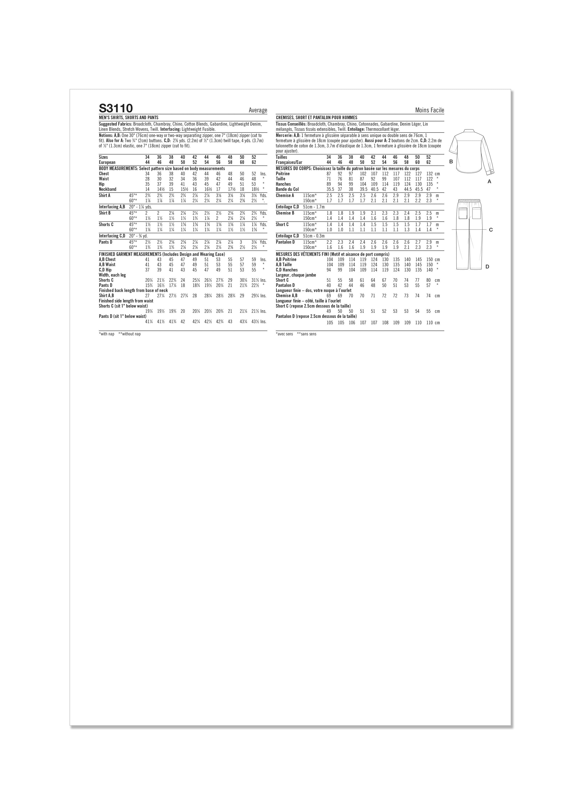 Simplicity Men's Shirts, Shorts and Trousers S3110