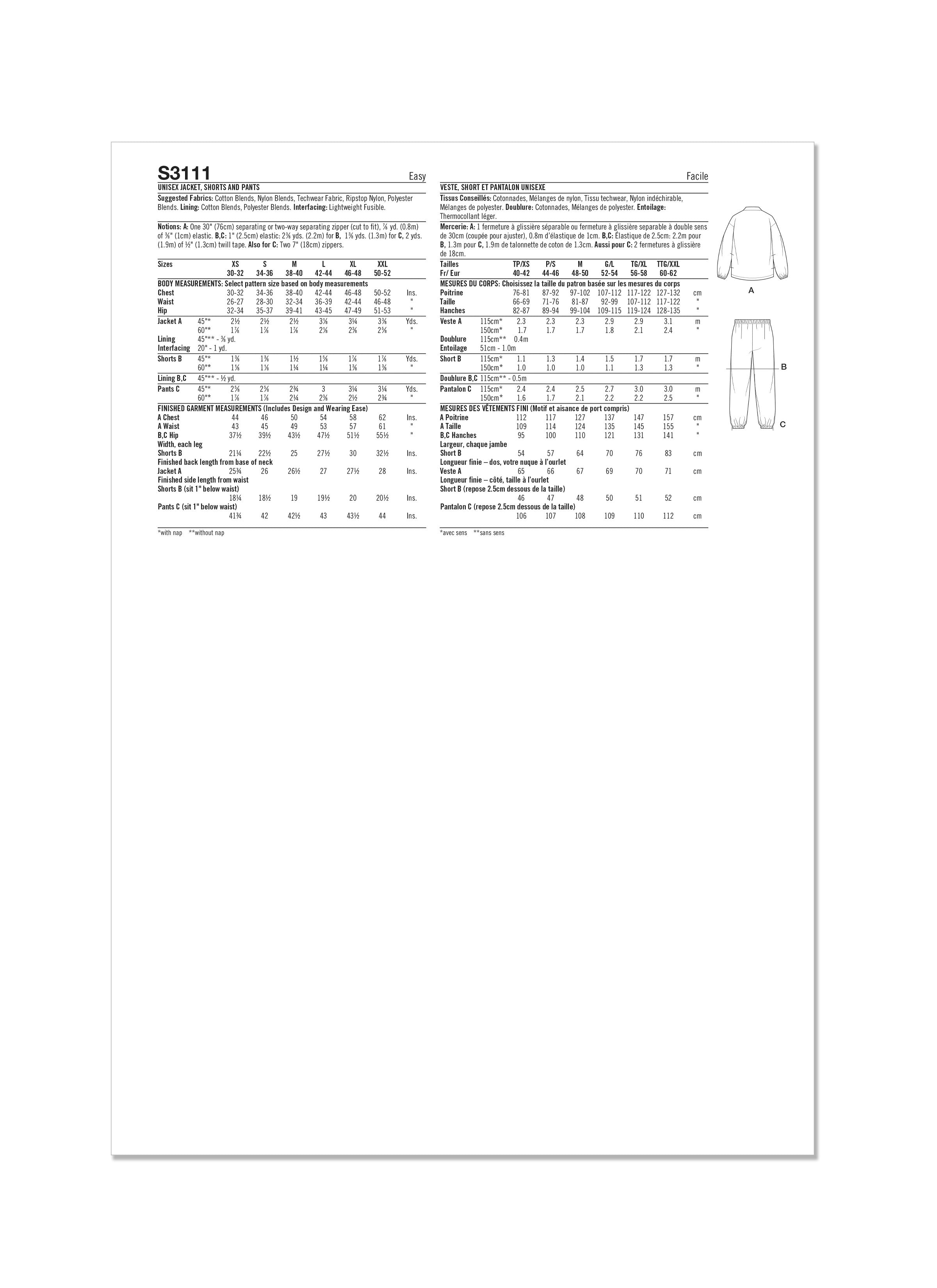 Simplicity Unisex Jacket, Shorts and Trousers S3111