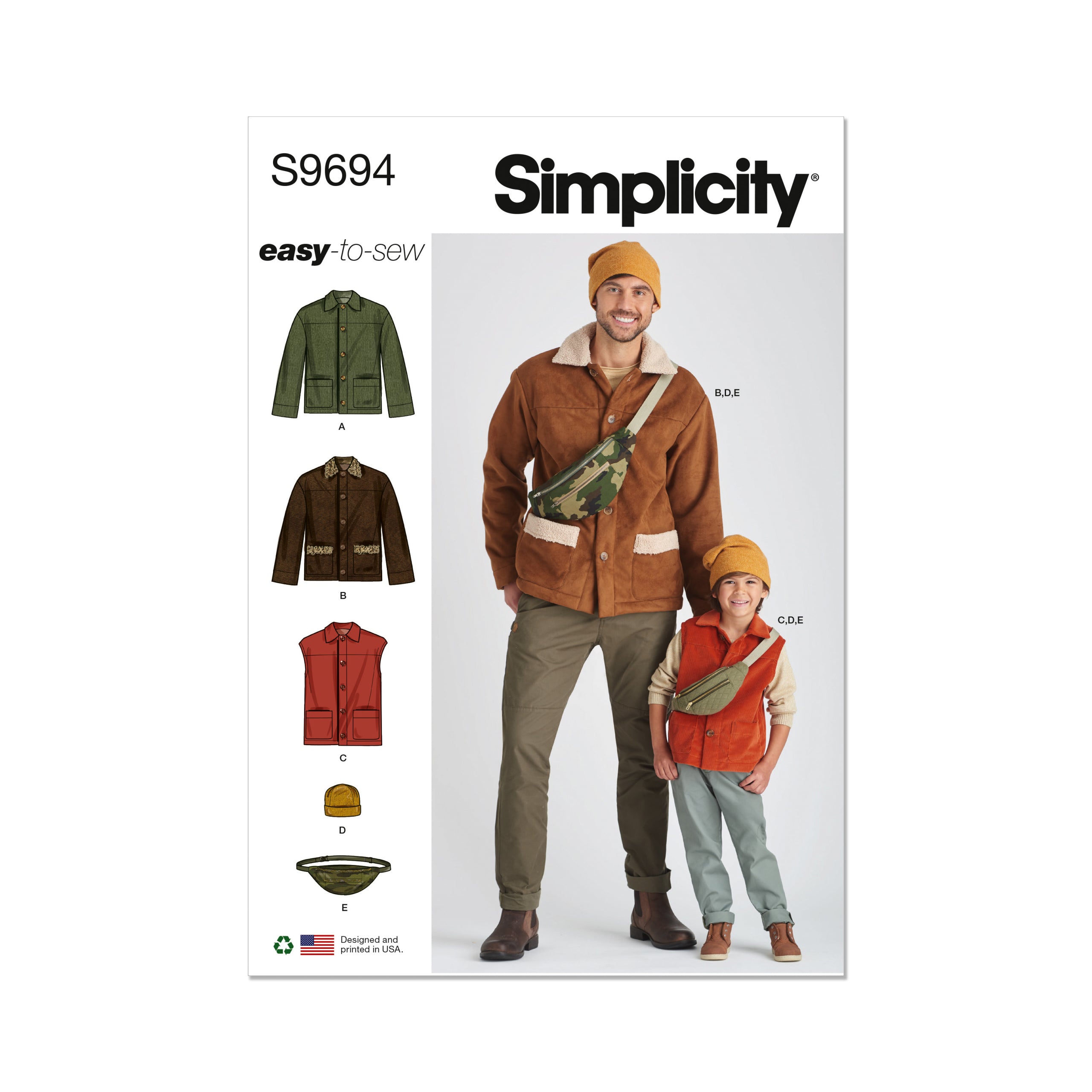 Simplicity Men's/Boys Jacket, Waistcoat, Hat and Crossbody Bag S9694