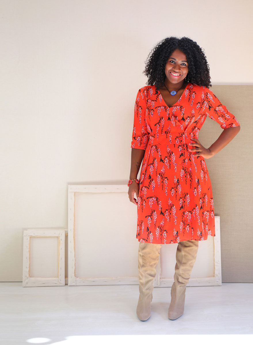 Woman wearing the Saint-Germain Wrap Dress sewing pattern from Liesl + Co on The Fold Line. A wrap dress pattern made in linen, silk, rayon, cotton shirting, lawn or voile fabrics, featuring right sided button closure, V-neck, front and back pleats, relax