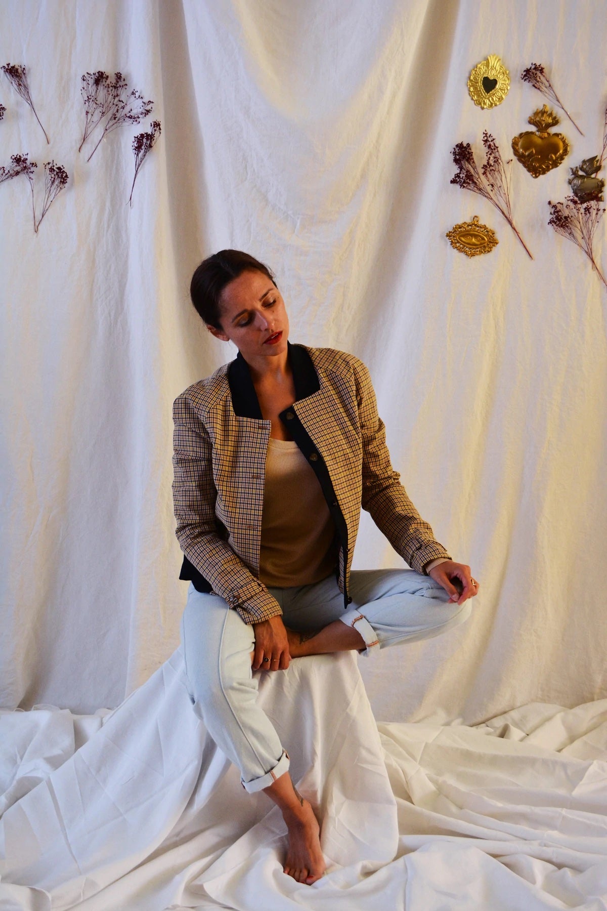 Woman wearing the Sunset Jacket sewing pattern from Maison Fauve on The Fold Line. A jacket pattern made in cotton, cotton sateen, denim, light wool, jacquard or tweed fabrics, featuring a ribbed collar, angled front pockets, front button closure, full le