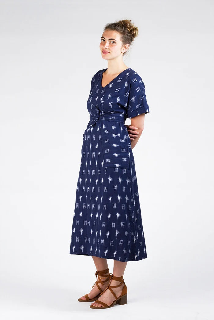 Woman wearing the Tea House Dress sewing pattern from Sew House Seven on The Fold Line. A dress pattern made in rayon challis, wool challis, silk charmeuse, cotton voile, linen, cotton lawn, cotton voile or chambray fabrics, featuring a V-neckline, front