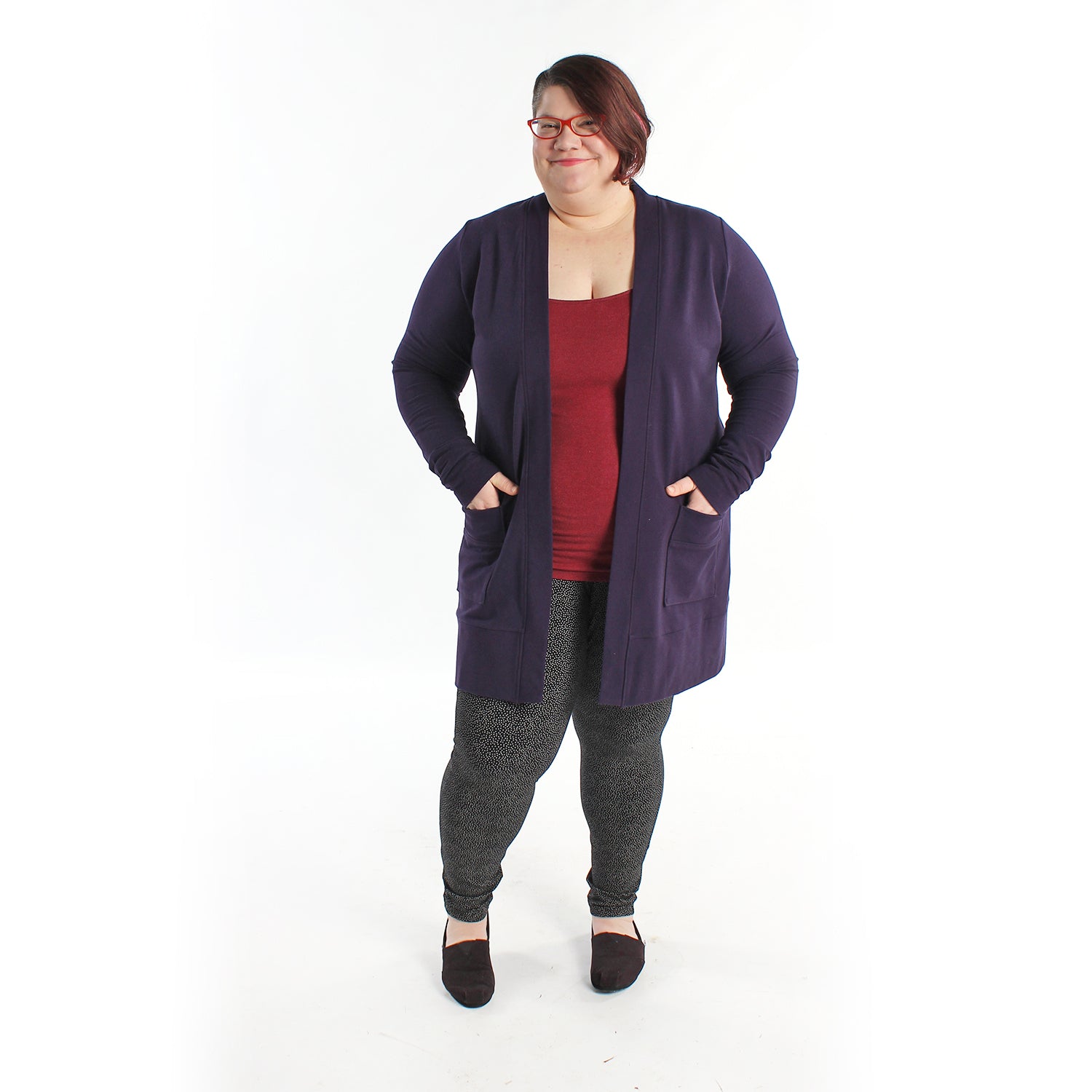 Women wearing the Blackwood Cardigan sewing pattern by Helens Closet. A fitted cardigan pattern made in jersey or knit fabric featuring extra long sleeves and roomy pockets.