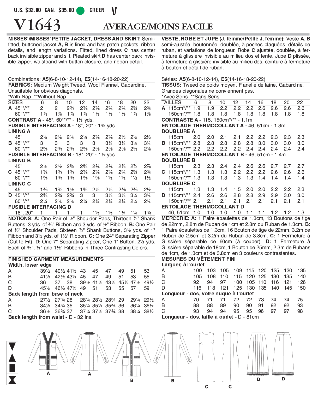 Vogue Jacket, Dress and Skirt V1643