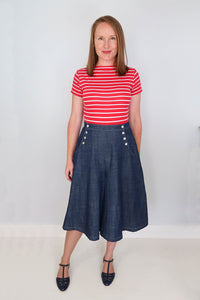 Woman wearing the Bastion Culottes sewing pattern from Jennifer Lauren Handmade on The Fold Line. A culottes pattern made in cotton lawn, voile, poplin, linen, chambray, denim, pinwale (baby) cord, flannel, wool or wool blends fabrics, featuring a knee le