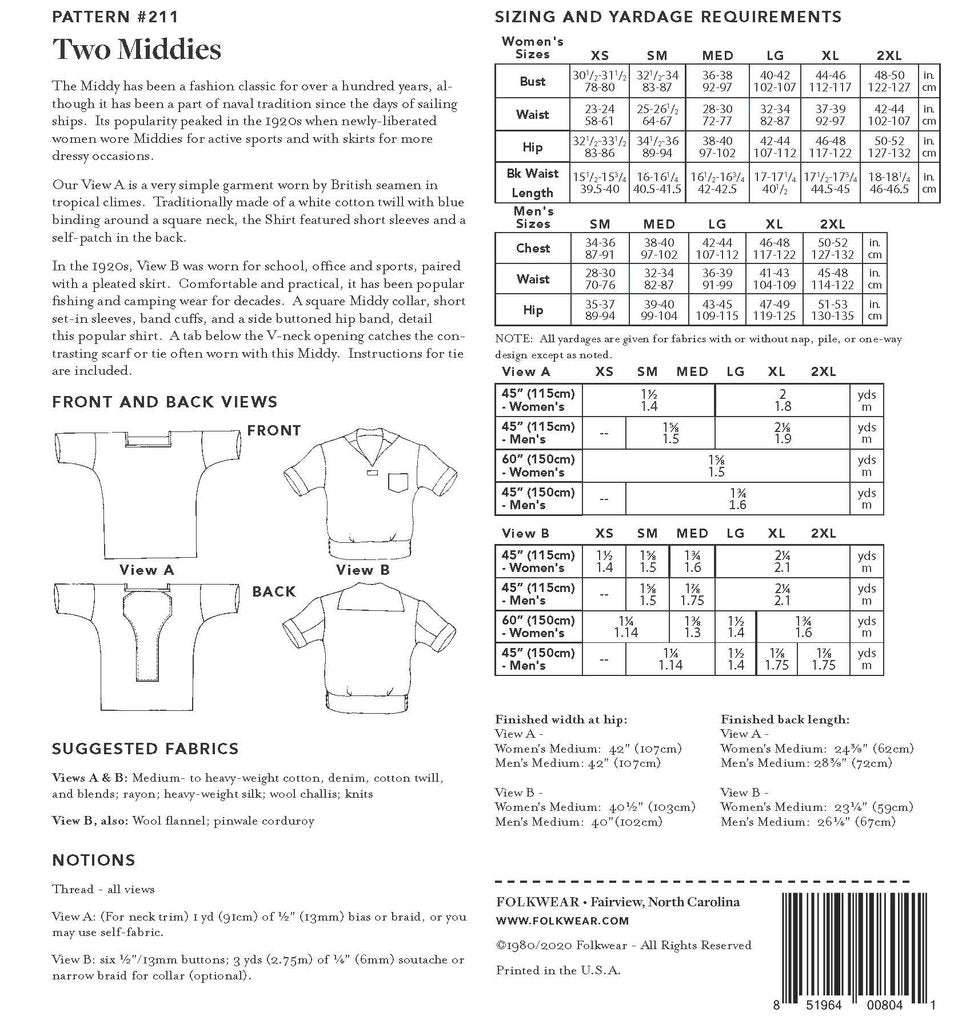 Folkwear 211 Unisex Two Middies