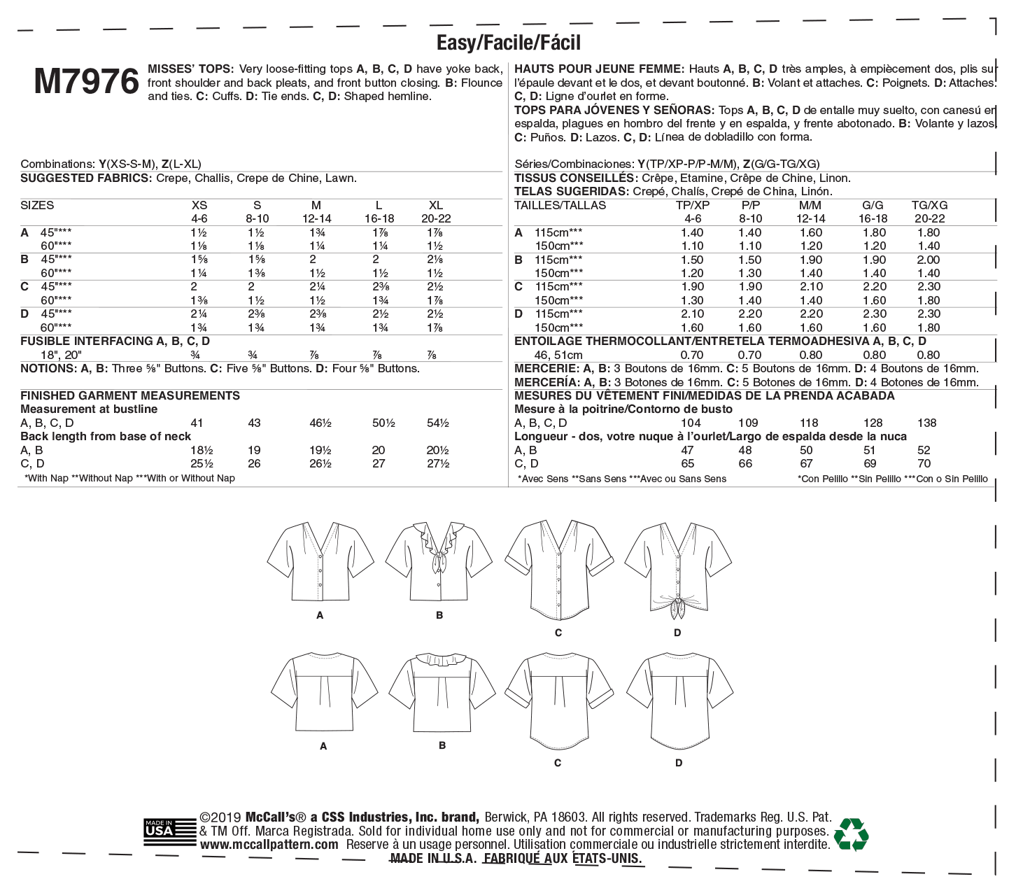 McCalls Tops M7976