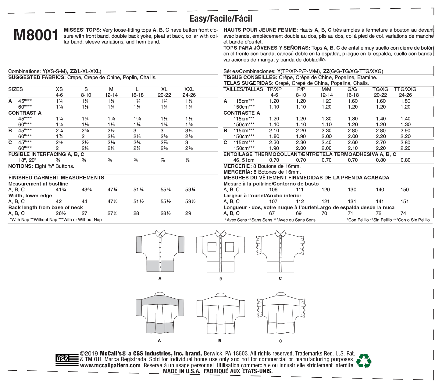 McCalls Tops M8001