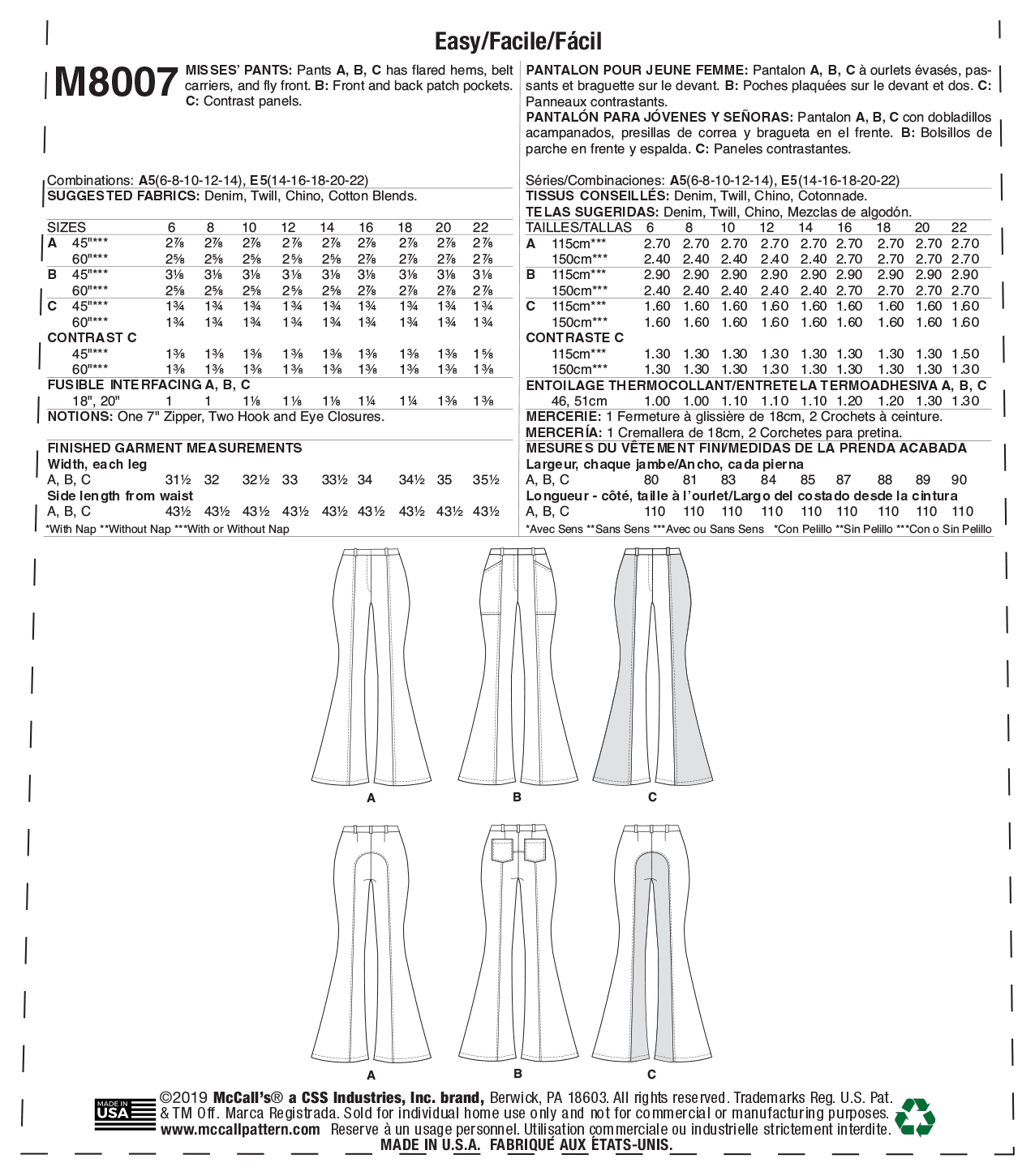 McCalls Trousers M8007