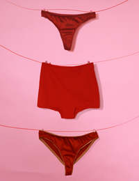 Image showing the Ava Thong, Agnes Pants and Sofia Shorts sewing pattern from Made My Wardrobe on The Fold Line. A briefs pattern made in stretch cotton jersey, stretch nylon or stretch silk fabrics, featuring 3 styles, thong, Brazilian high-leg and Sofia