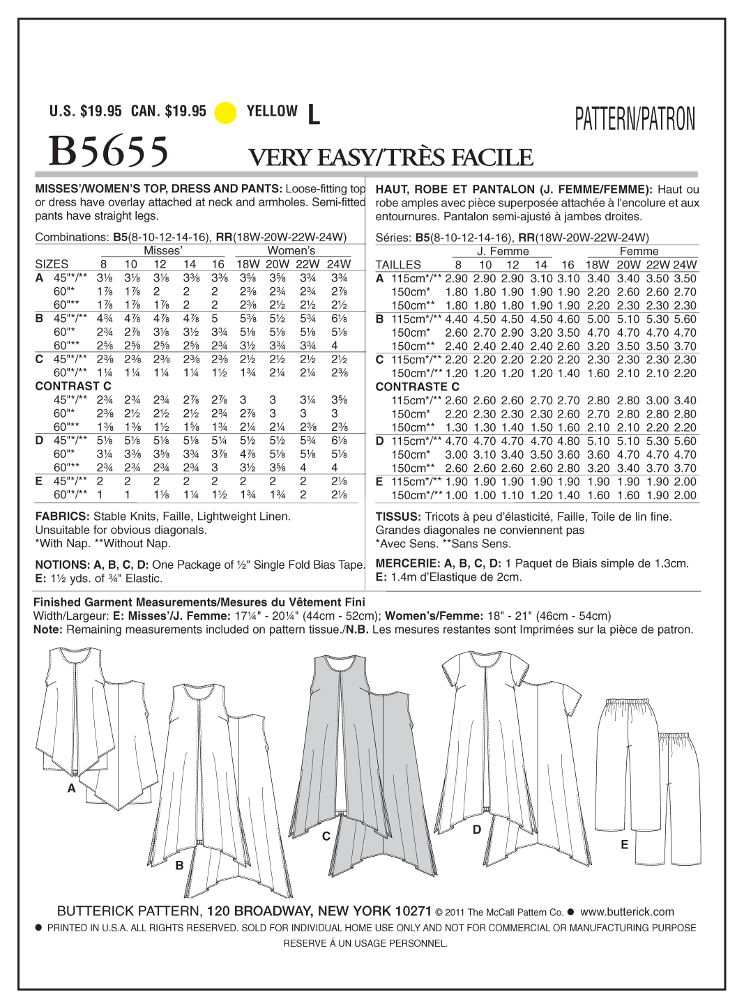 Butterick Top, Dress and Trousers B5655