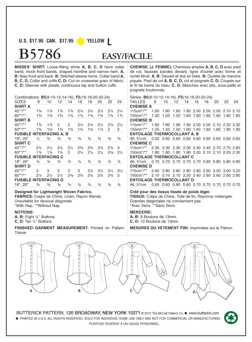 Butterick Shirt B5786