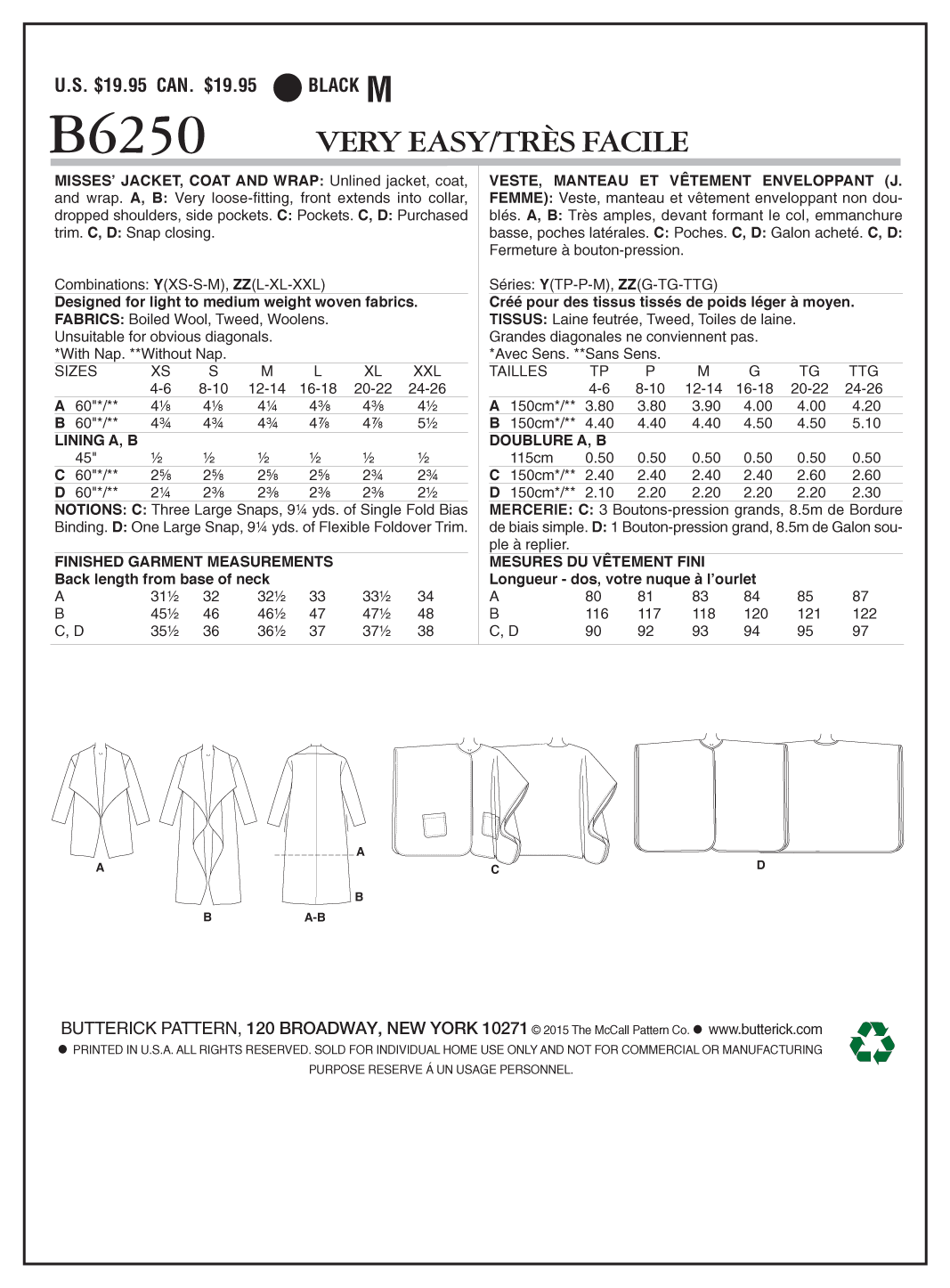 Butterick Coat, Jacket and Wrap B6250