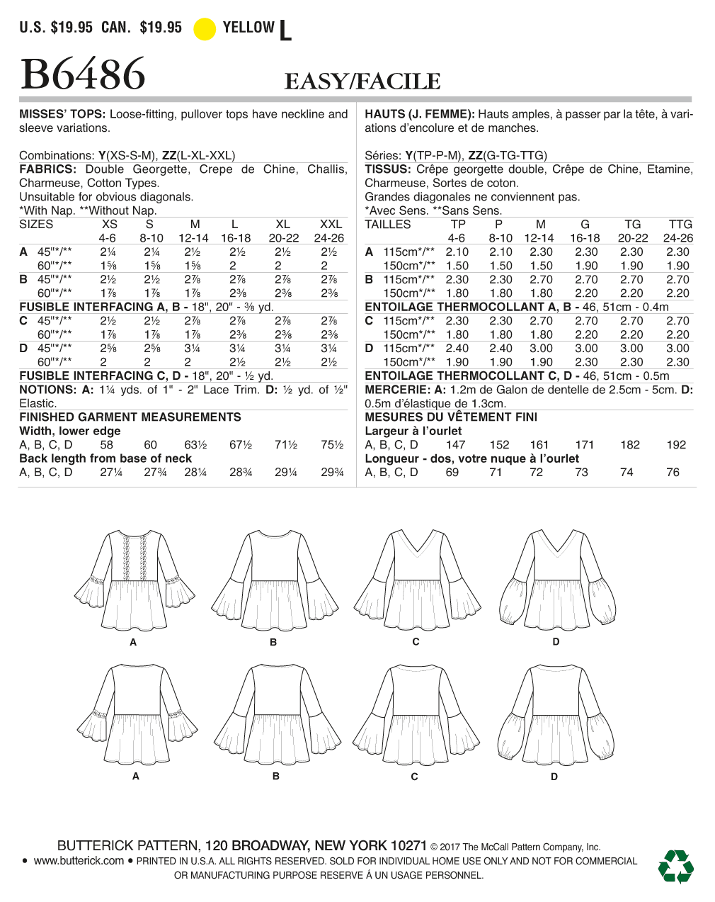 Butterick Tops B6486