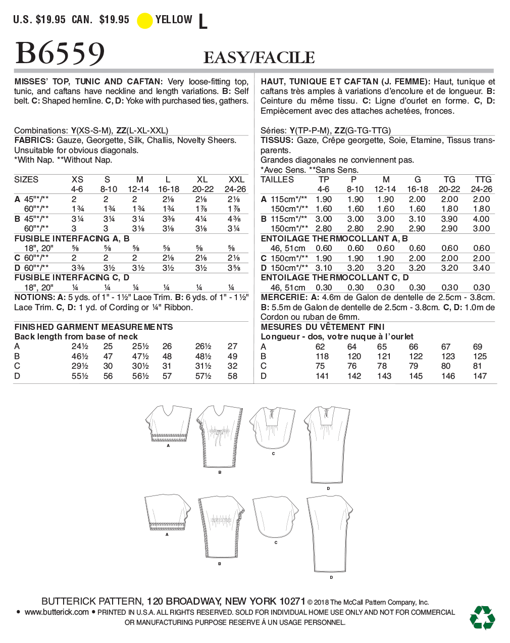 Butterick Top, Tunic and Caftan B6559