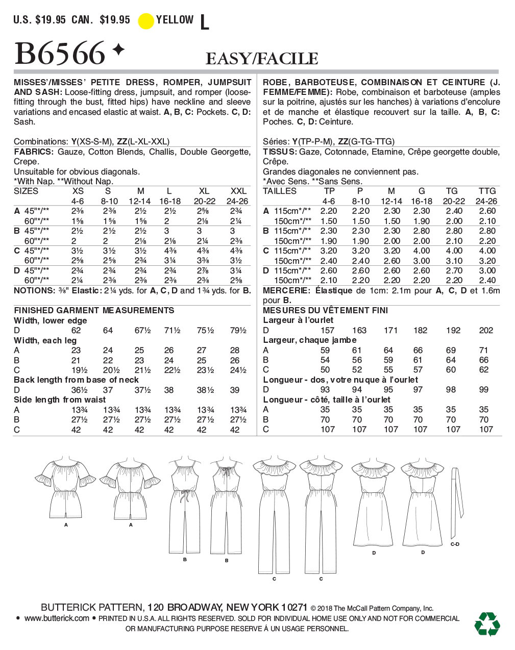 Butterick Dress, Romper and Jumpsuit B6566