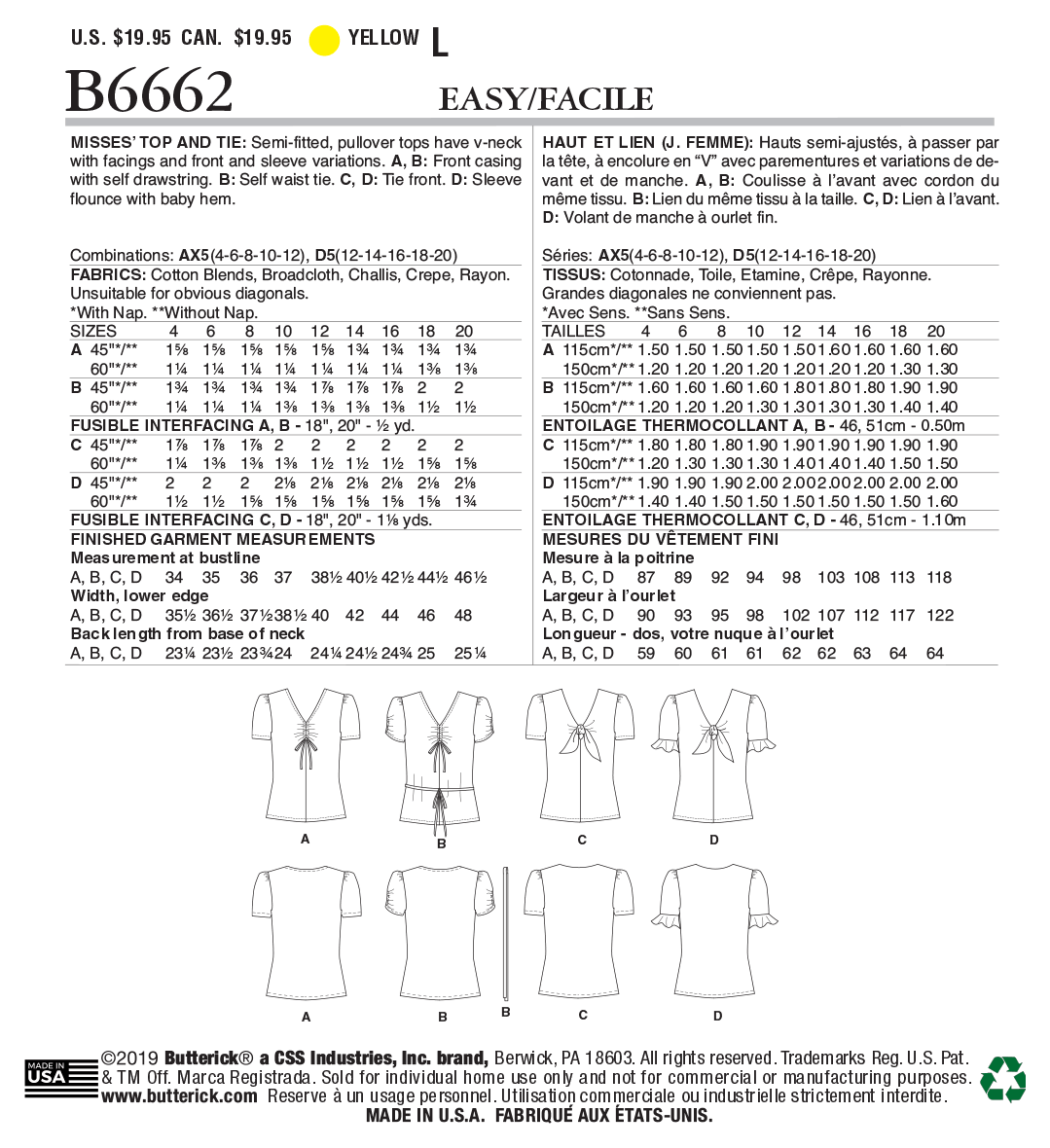 Butterick Tops B6662