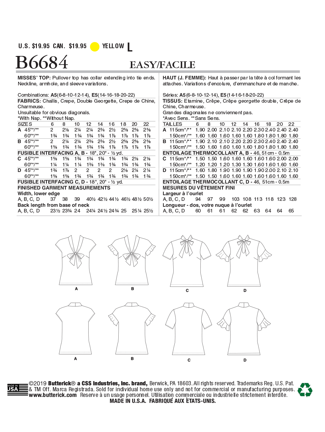 Butterick Tops B6684