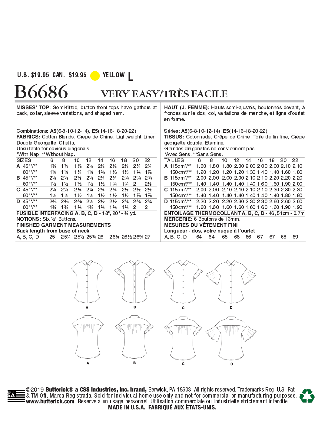 Butterick Tops B6686