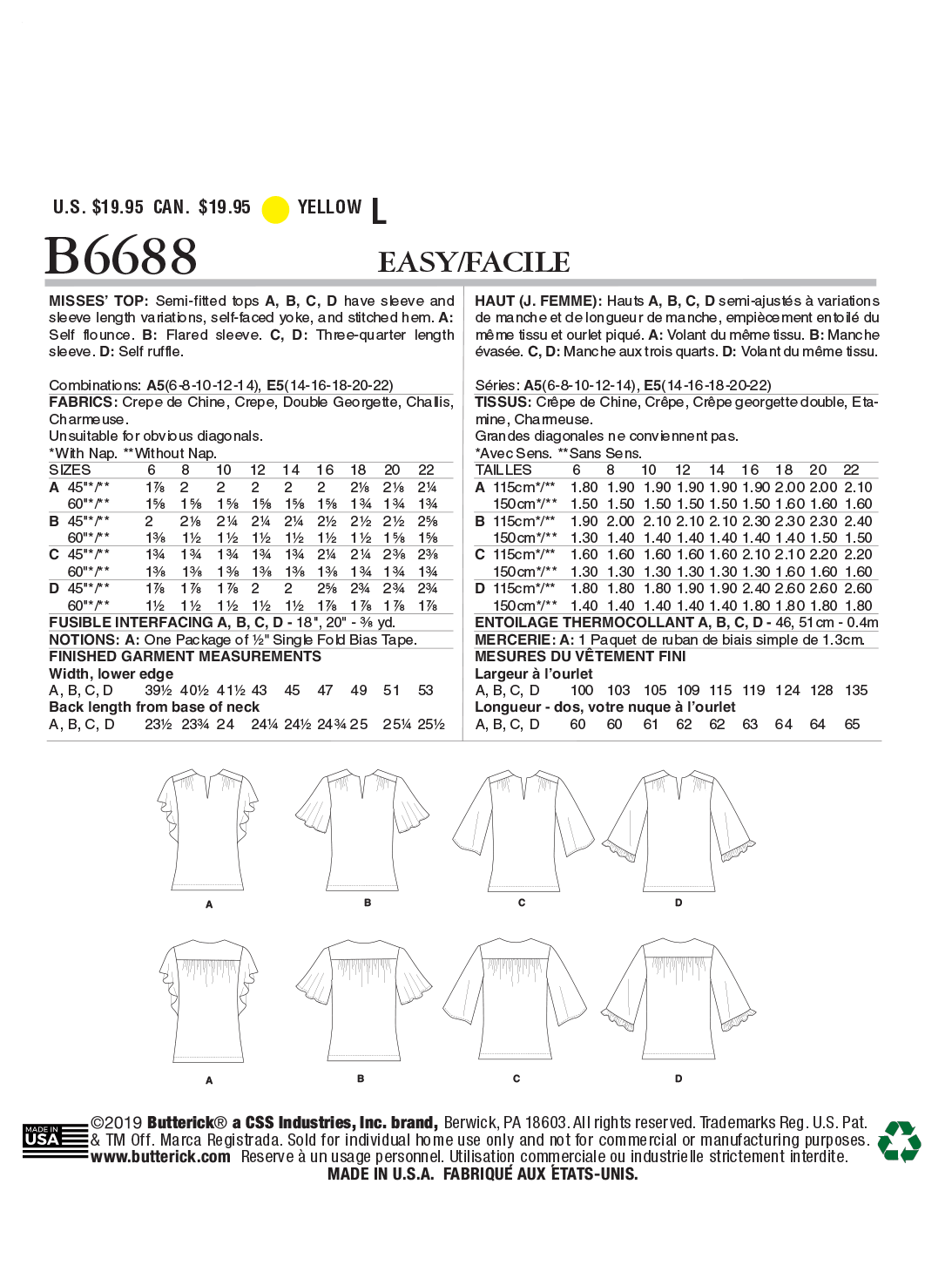 Butterick Tops B6688