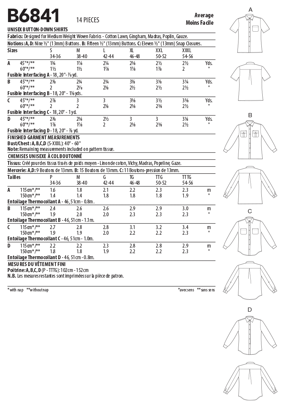 Butterick Unisex Shirts B6841