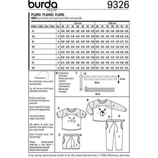 Burda Baby/Child Pyjamas 9326